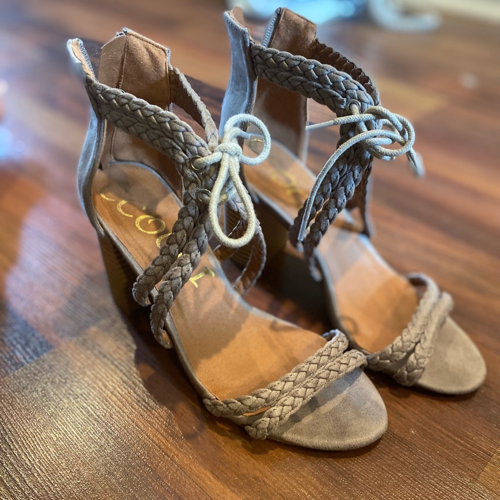 Grey strappy heels